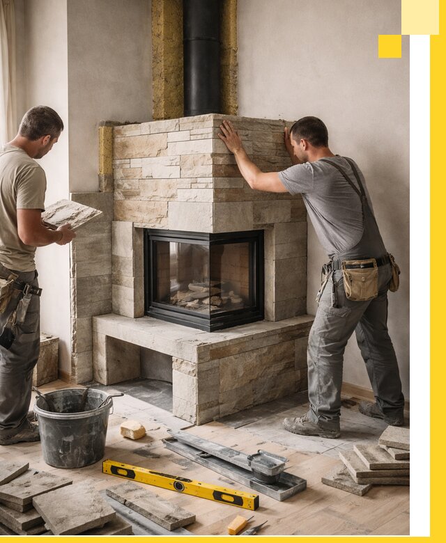 Угловые камины под ключ проект, монтаж и отделка в Фрязине